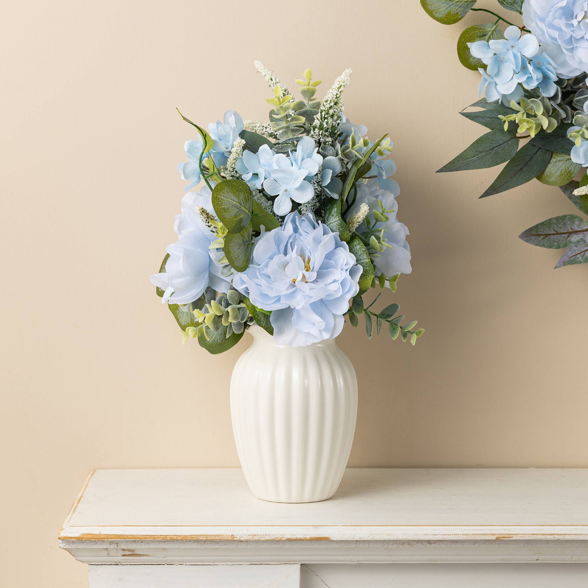 Glitzhome® 18" Blue Peony & Hydrangea with Ceramic Vase Centerpiece